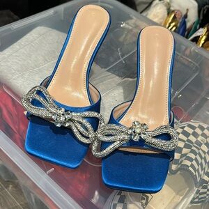 Blue heels rhinestone bows open toe